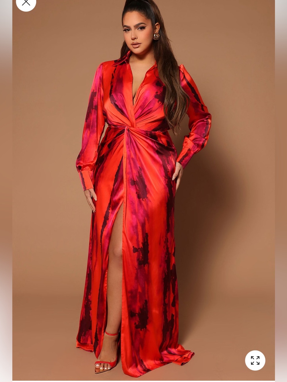 Fashion Nova Red & Fuchsia Twist-Front Satin Maxi Dress